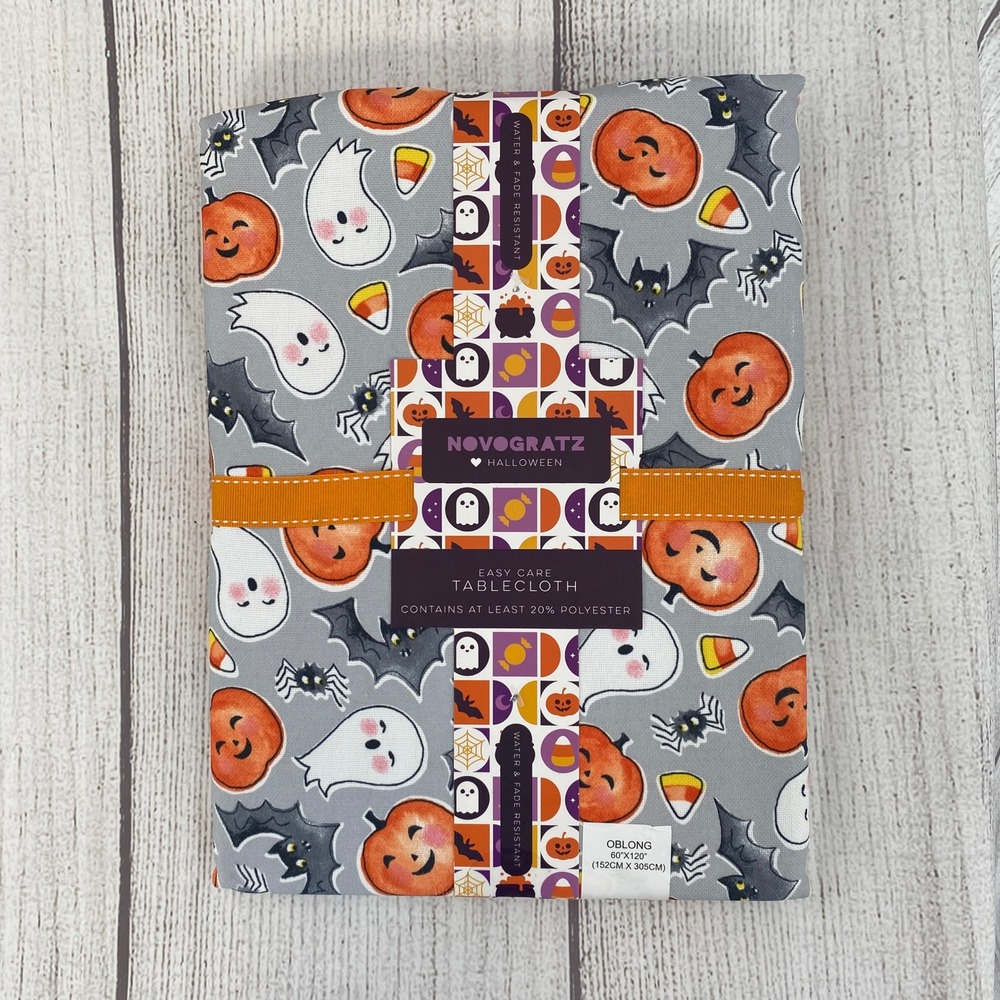 Novogratz Halloween Tablecloth Oblong 60x120 Gray Pumpkin Ghost Bat Spiders